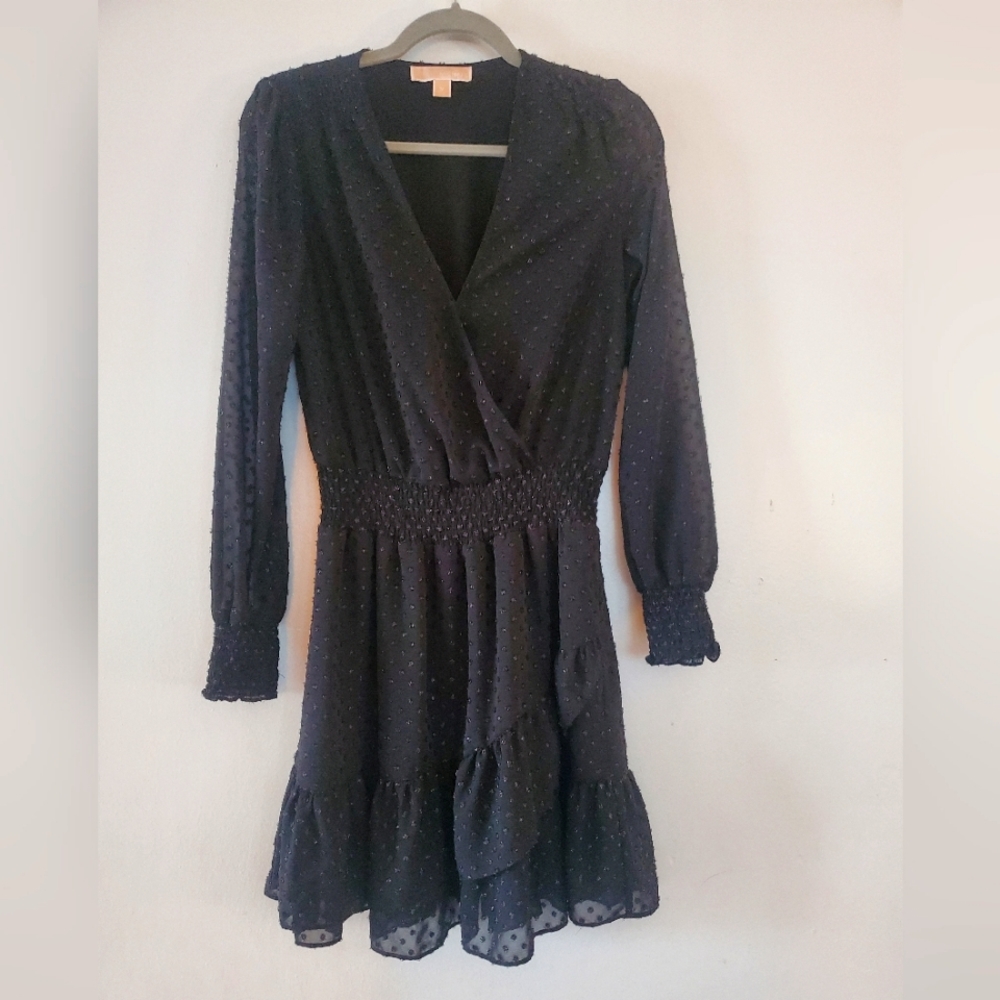 MICHAEL Michael Kors Glitter Polka-dot Faux Wrap Little Black Dress M